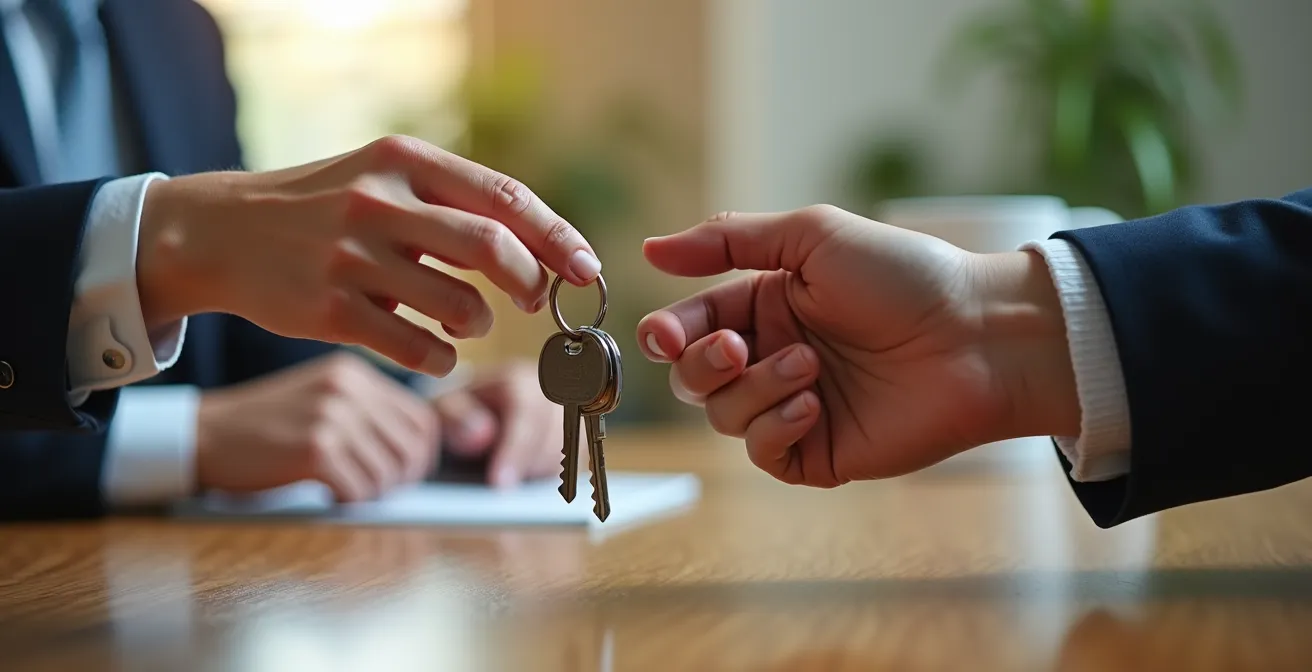 Échange de clés entre un professionnel et un propriétaire, symbolisant la sécurité de la gestion déléguée