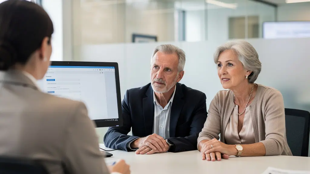 Couple senior français en discussion avec un conseiller bancaire pour optimiser leur crédit immobilier