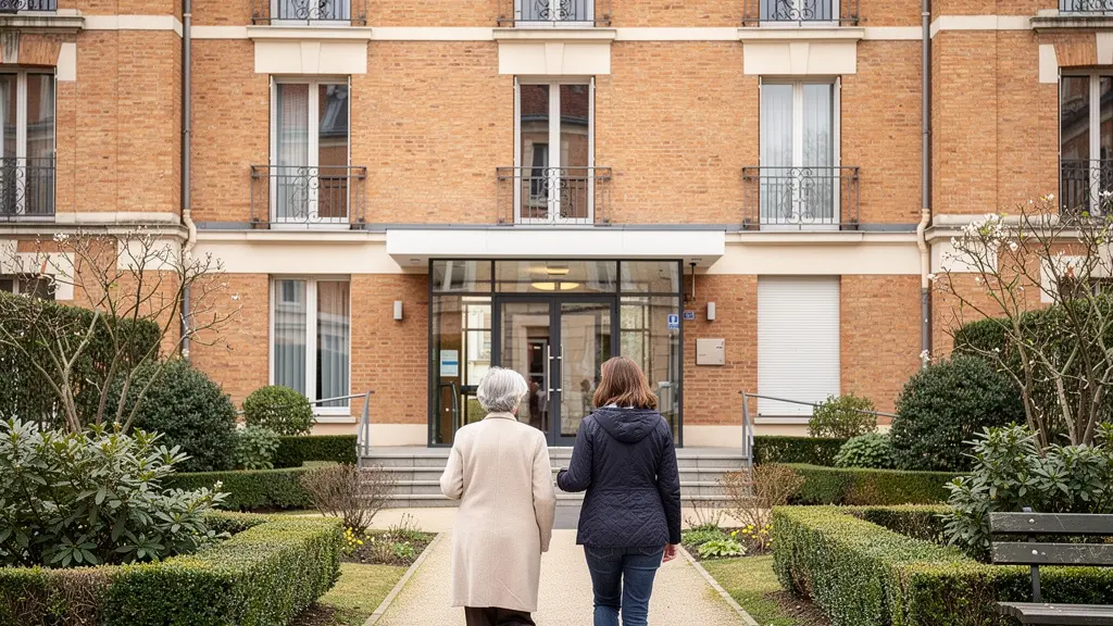 Façade de résidence senior moderne à Toulouse avec senior accompagnée par un proche