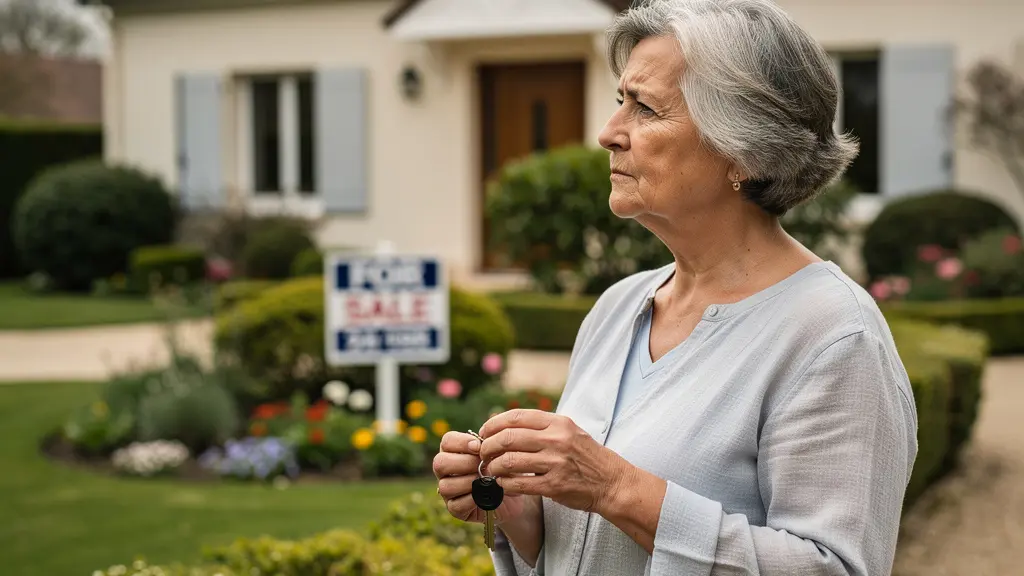 Femme senior française devant sa maison avec panneau à vendre, moment de transition immobilière