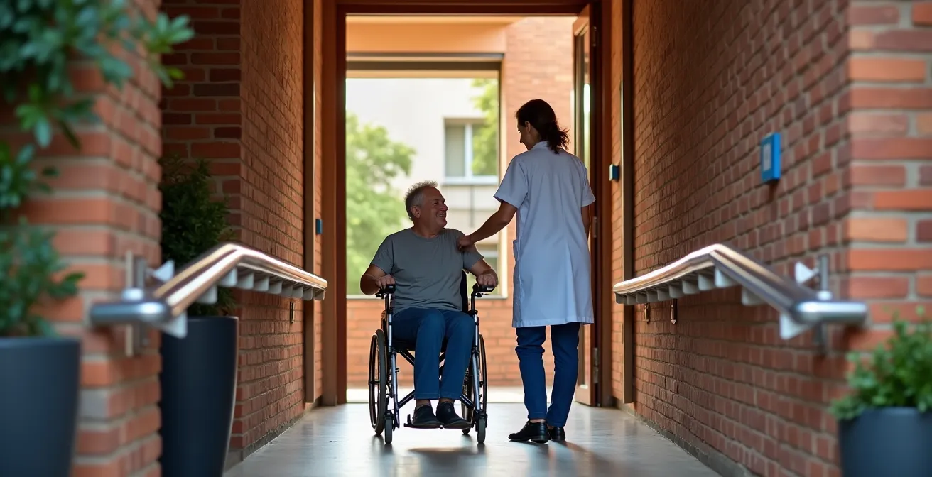 Espace d'accueil d'un cabinet médical avec rampe d'accès et portes élargies, architecture en briques toulousaines