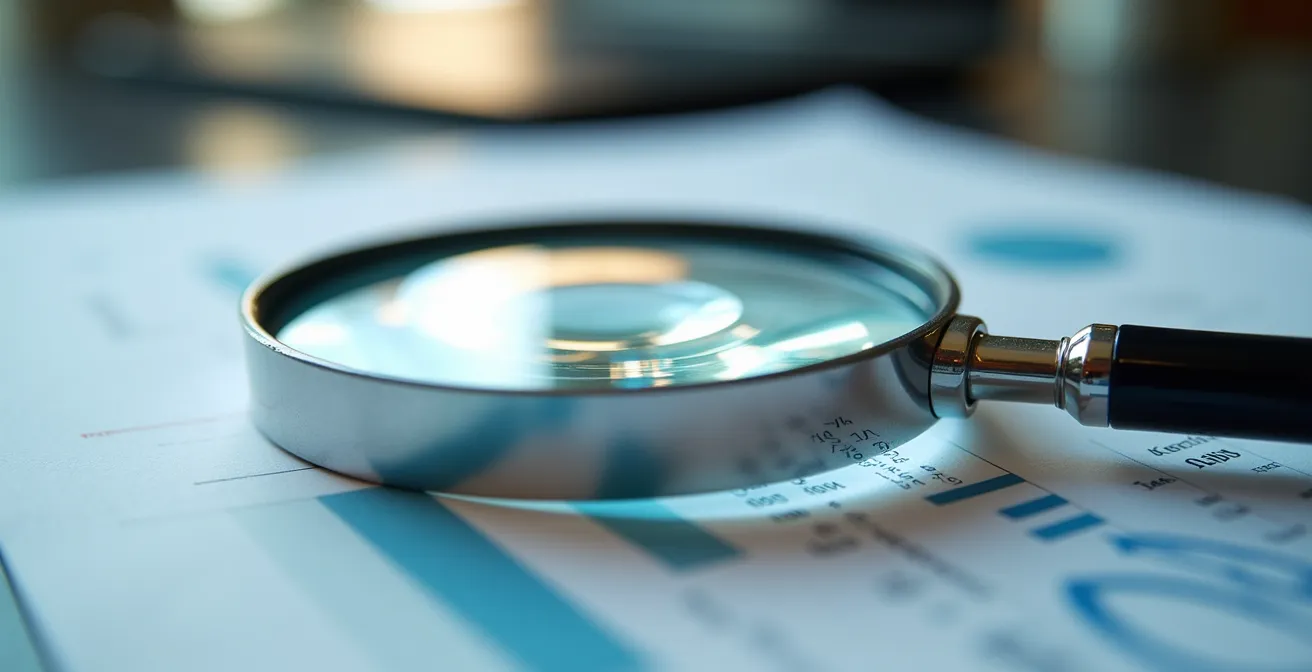 Vue macro de documents financiers avec loupe posée sur tableau de chiffres flous