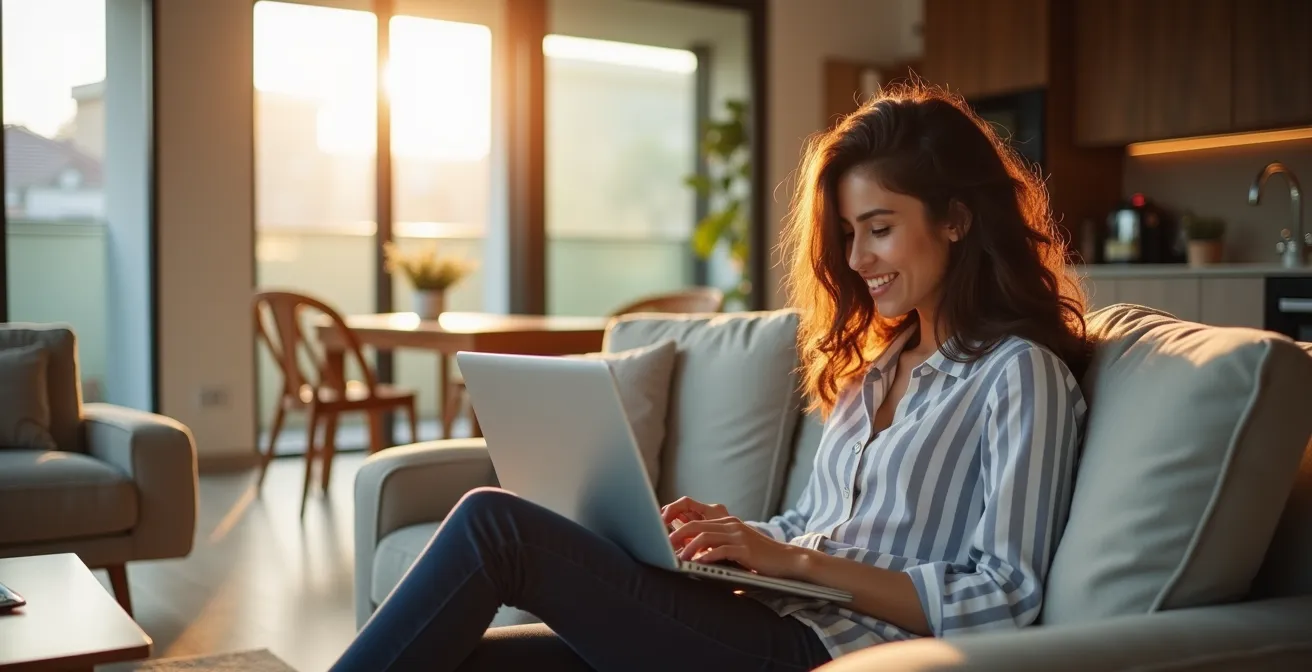 Intérieur d'un appartement moderne équipé avec cuisine ouverte et grande baie vitrée donnant sur terrasse
