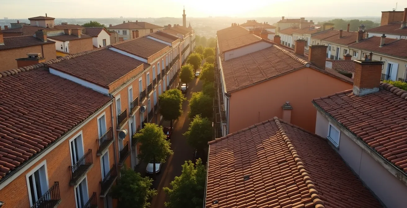 Vue aérienne d'un quartier résidentiel toulousain avec architecture typique en briques