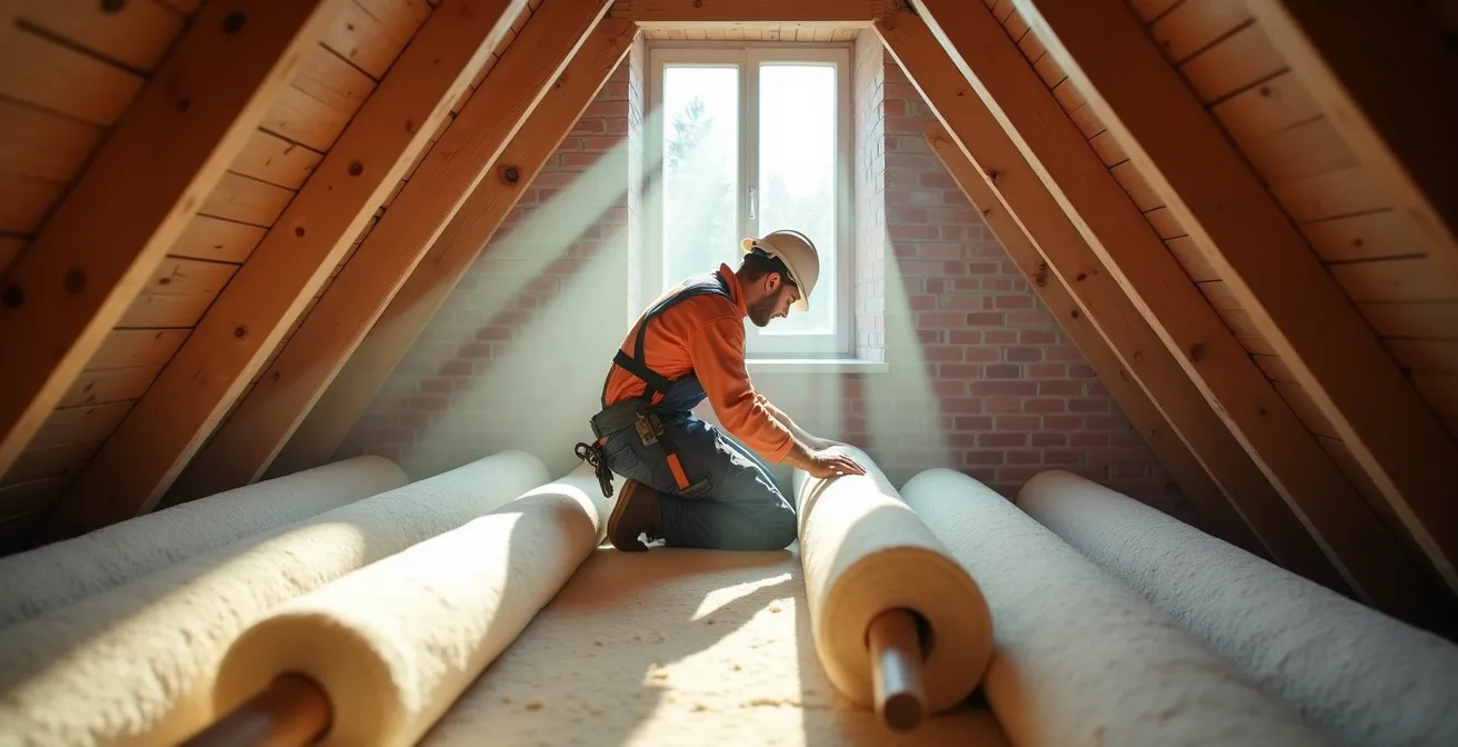 Artisan RGE en train d'isoler les combles d'une maison toulousaine traditionnelle en briques roses