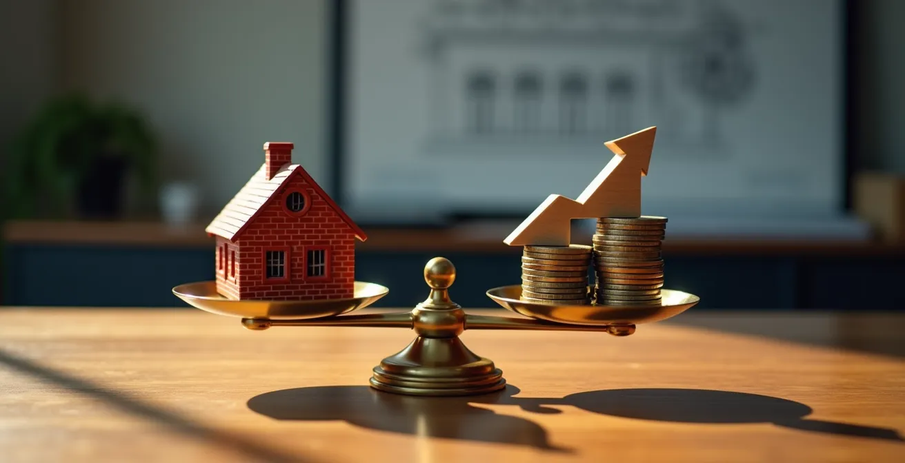 Balance avec maison miniature d'un côté et graphique de taux d'intérêt de l'autre