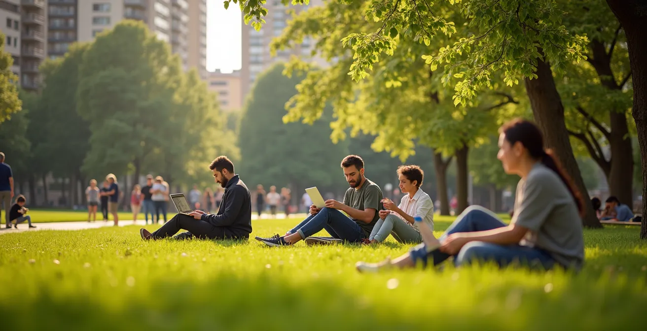 Vue du Parc de la Maourine à Borderouge avec familles et jeunes actifs profitant des espaces verts