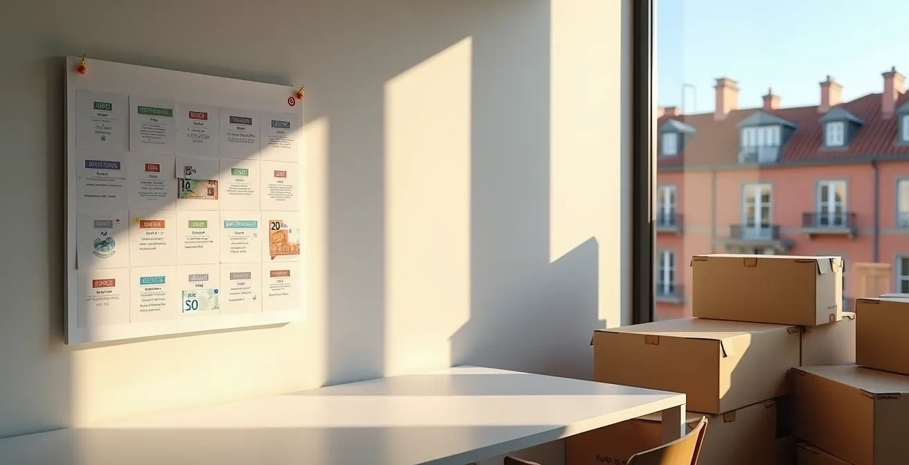Calendrier avec billets euros et cartons de déménagement sur bureau avec vue Toulouse