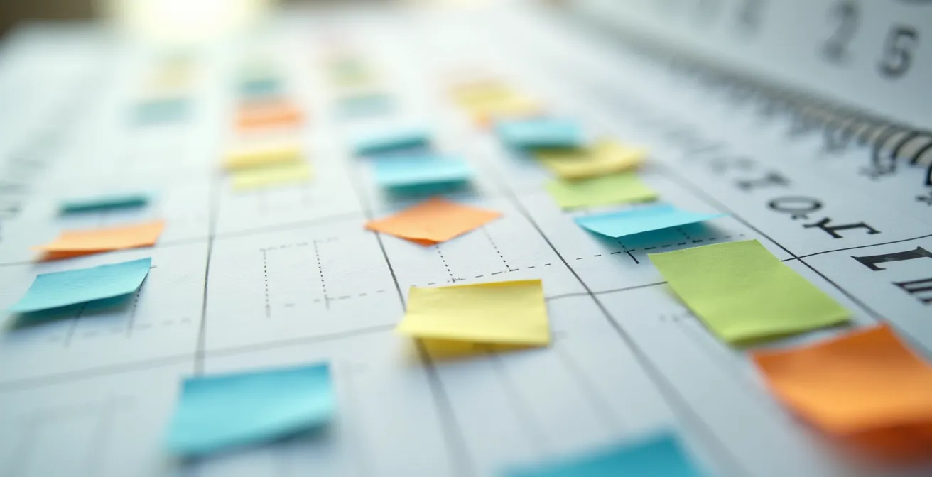 Vue macro d'un calendrier avec des marqueurs colorés indiquant les périodes de travaux de rénovation