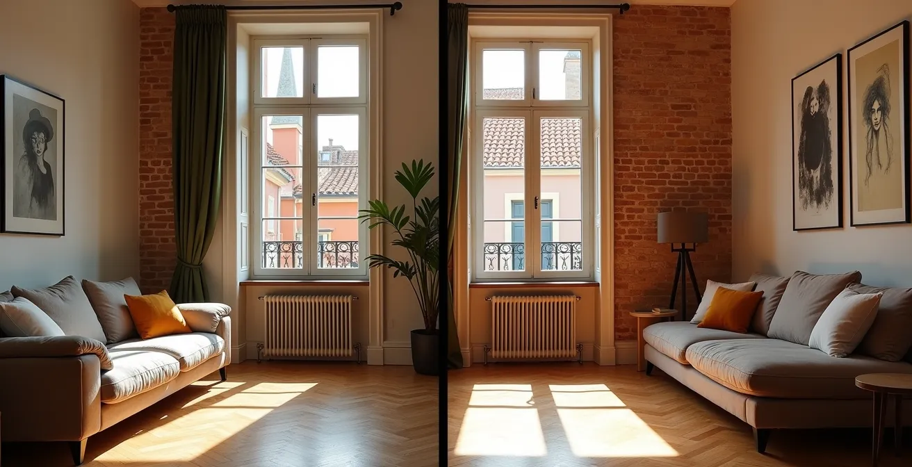 Comparaison visuelle entre un appartement meublé moderne et un espace vide dans un immeuble toulousain