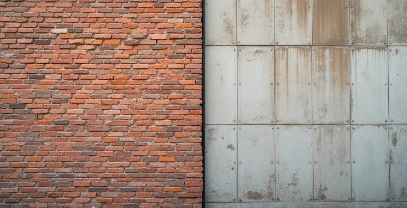 Vue comparative d'une façade en brique foraine toulousaine et d'un bâtiment en béton moderne côte à côte