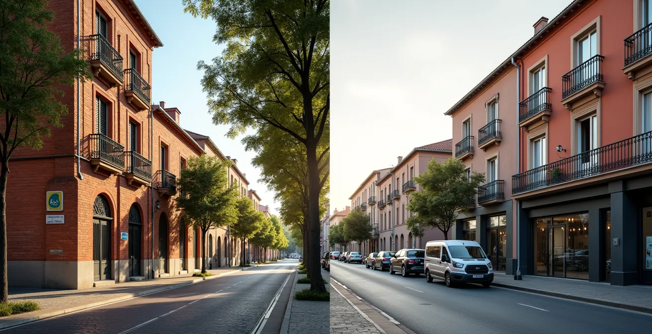 Vue en split-screen des quartiers Saint-Cyprien et Les Minimes à Toulouse