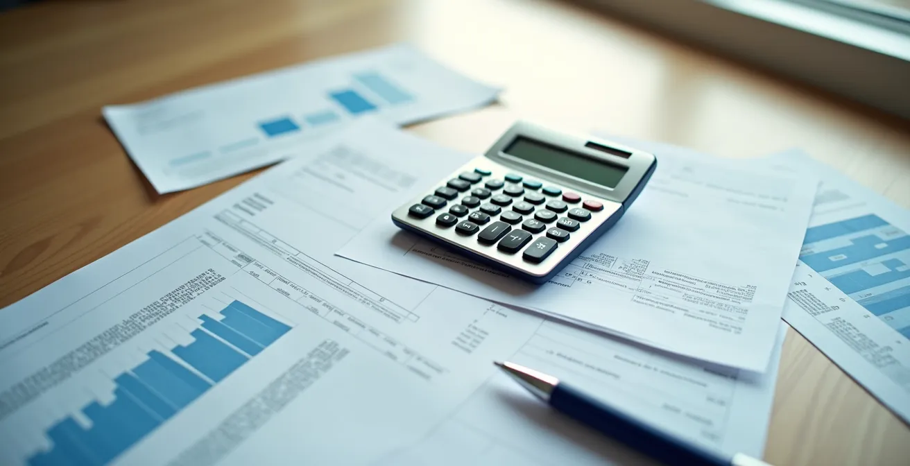 Bureau moderne avec calculatrice et documents énergétiques éparpillés, éclairage naturel filtré