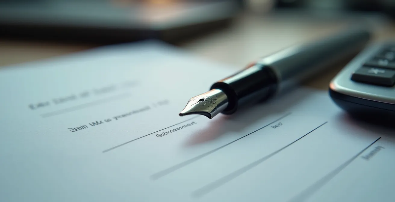 Vue rapprochée d'un contrat immobilier avec détails flous, stylo et calculatrice professionnelle