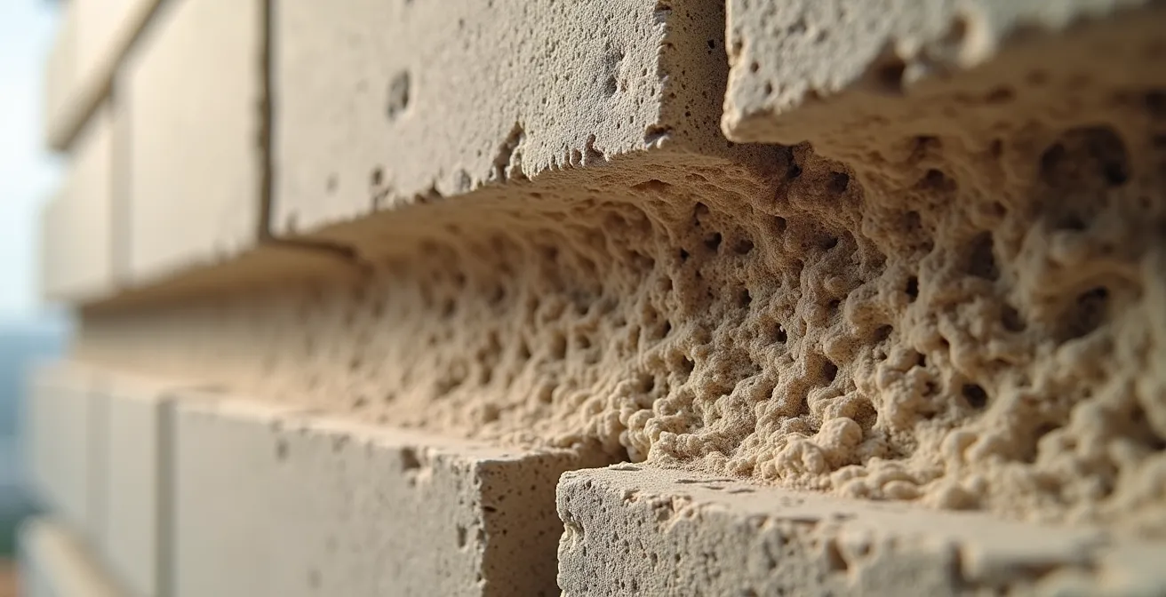 Coupe technique d'un mur en béton de chanvre montrant le déphasage thermique