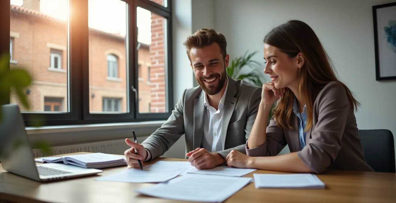 Un couple toulousain en consultation avec un conseiller immobilier examinant des documents d'aide à l'accession