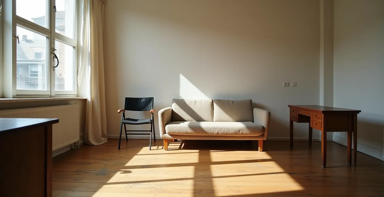 Intérieur d'un studio étudiant avec mobilier usagé nécessitant renouvellement, ambiance lumineuse naturelle