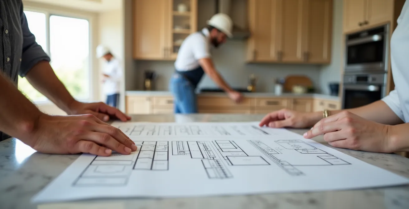 Cuisine moderne en cours d'installation avec plans et devis sur îlot central