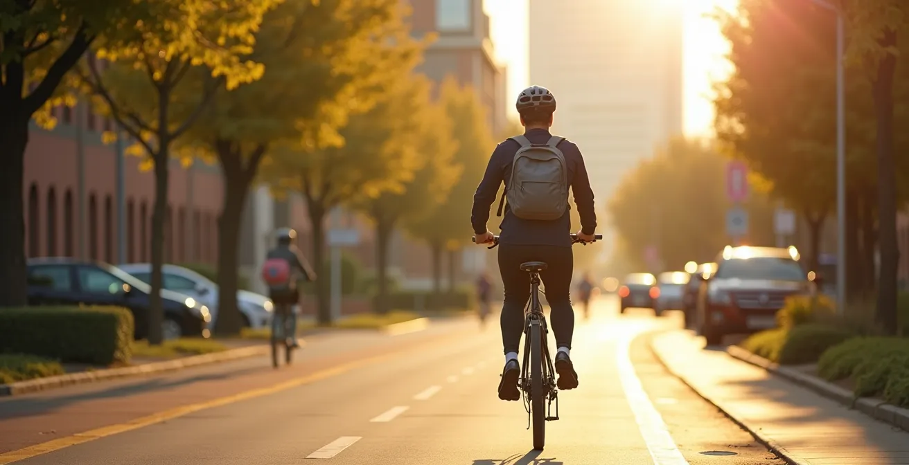 Cycliste sur piste cyclable sécurisée entre Lardenne et le pôle aéronautique de Toulouse