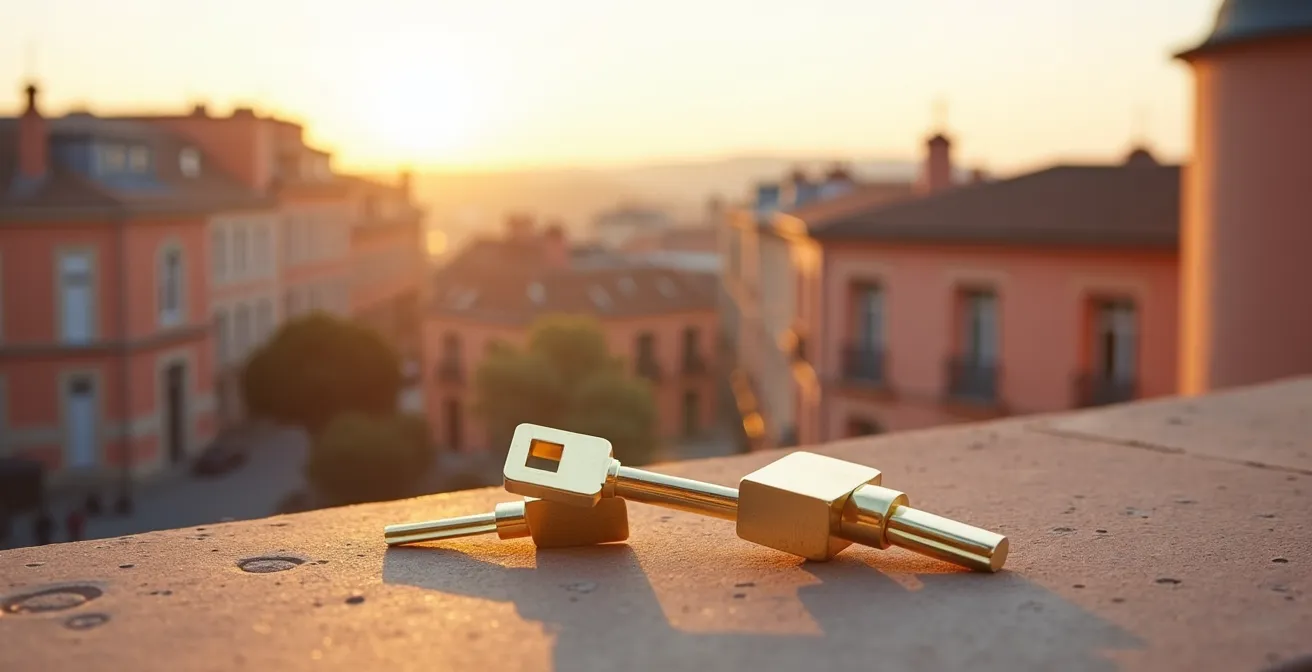 Vue aérienne stylisée du centre-ville de Toulouse avec des symboles dorés représentant les aides financières à l'achat immobilier.