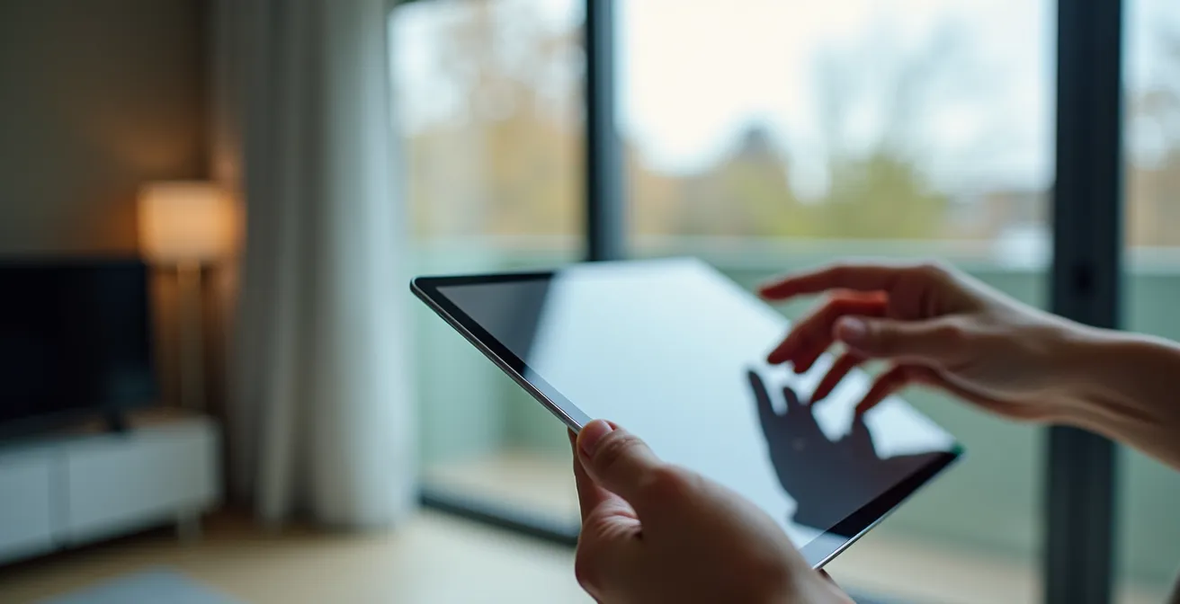 Main tenant une tablette avec interface de contrôle domotique floue, intérieur moderne en arrière-plan