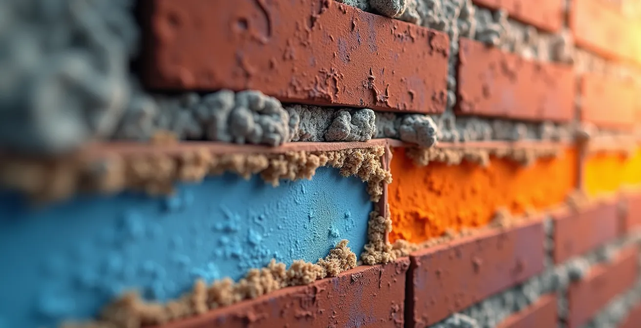 Coupe thermographique d'un mur en brique avec isolation intérieure montrant l'effet thermos