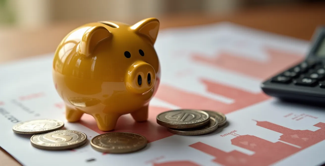 Main tenant une tirelire dorée avec des documents bancaires flous en arrière-plan, symbolisant la négociation grâce à l'épargne résiduelle à Toulouse.