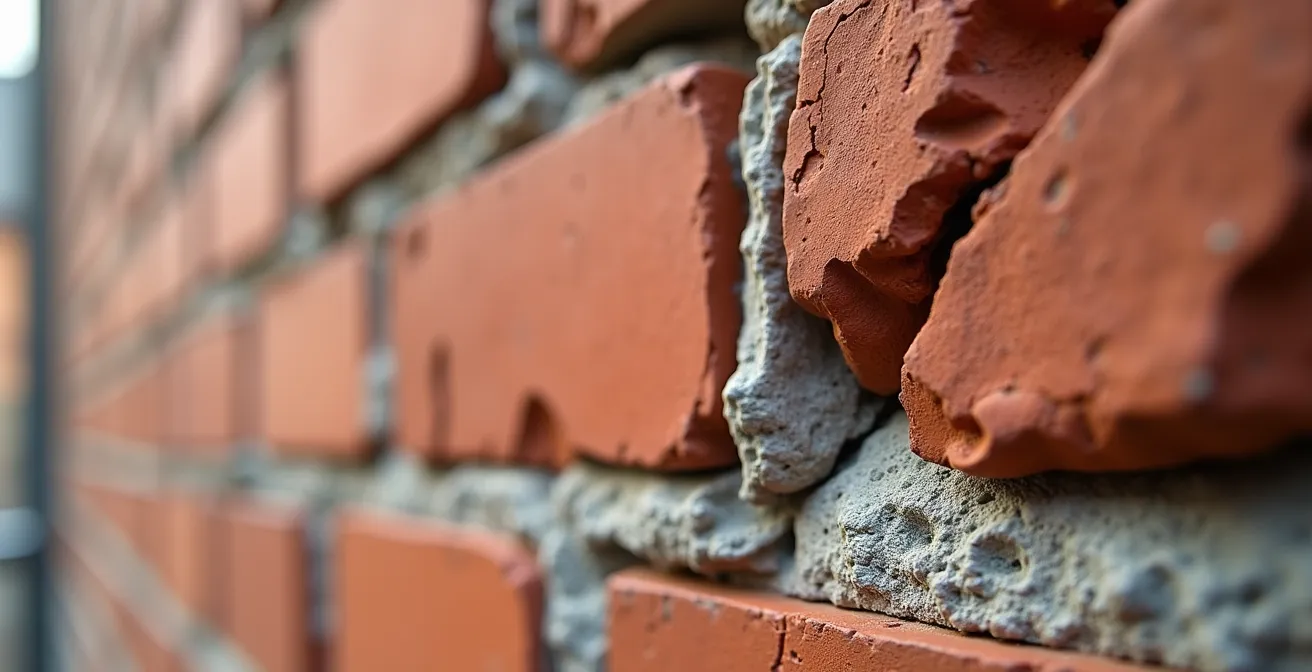 Fissures en escalier sur un mur de briques foraines typique de Toulouse