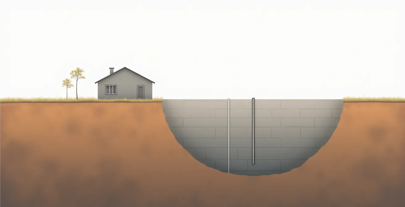 Coupe transversale montrant les micropieux traversant les couches d'argile gonflante jusqu'au sol stable