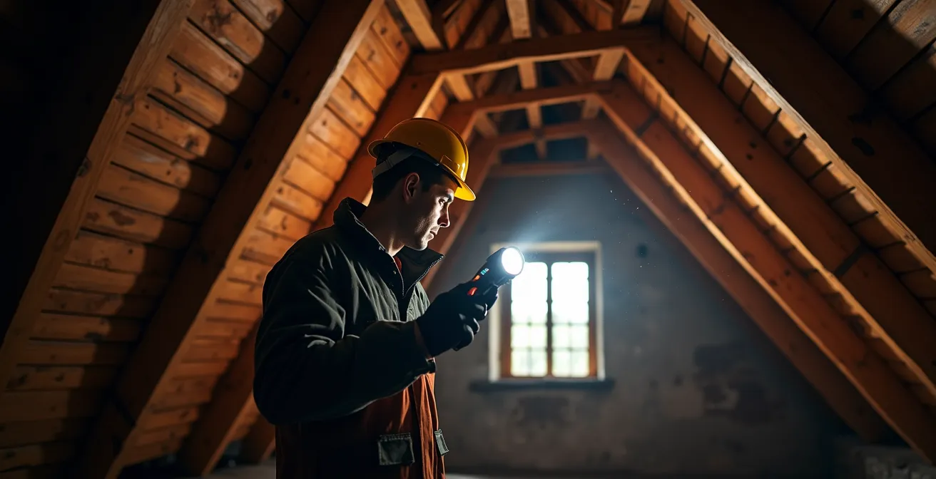 Inspection de charpente traditionnelle dans les combles d'une maison toulousaine