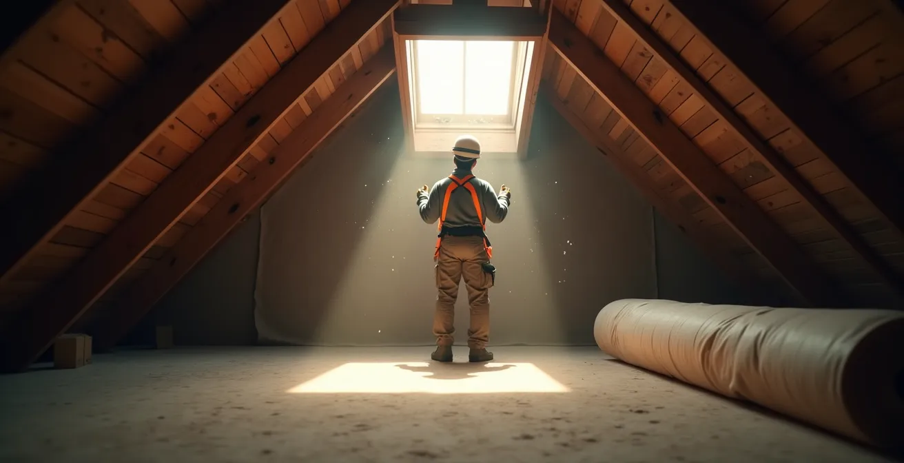 Coupe transversale d'une maison montrant les flux de chaleur s'échappant principalement par le toit