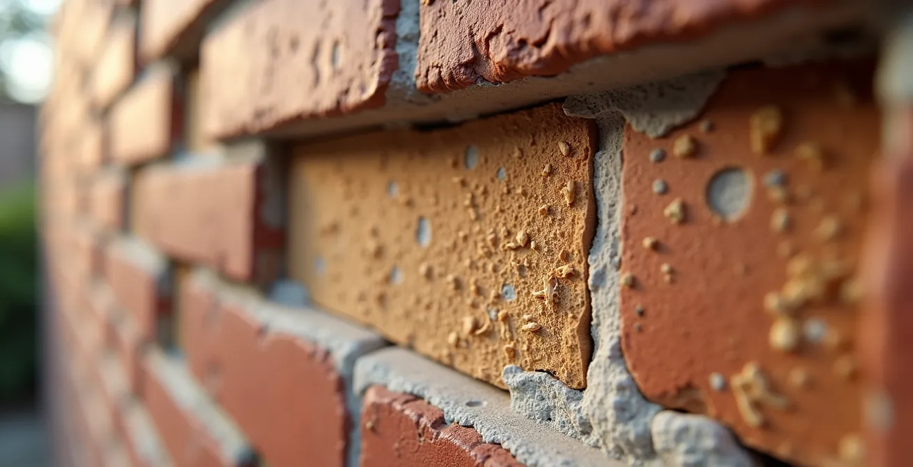 Vue en coupe d'un mur en briques foraines avec système d'isolation intérieure respirant