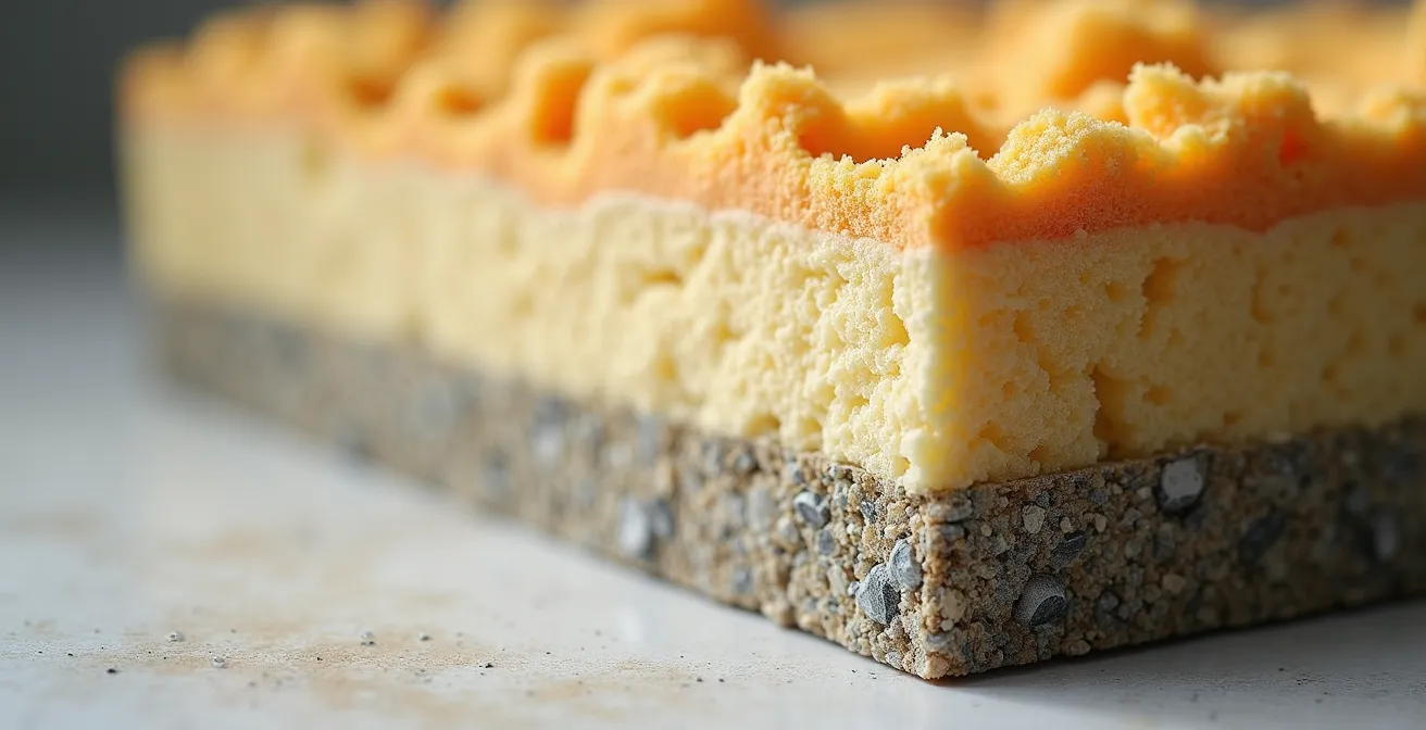 Vue en coupe d'un mur avec isolation thermique moderne, texture des matériaux isolants visible