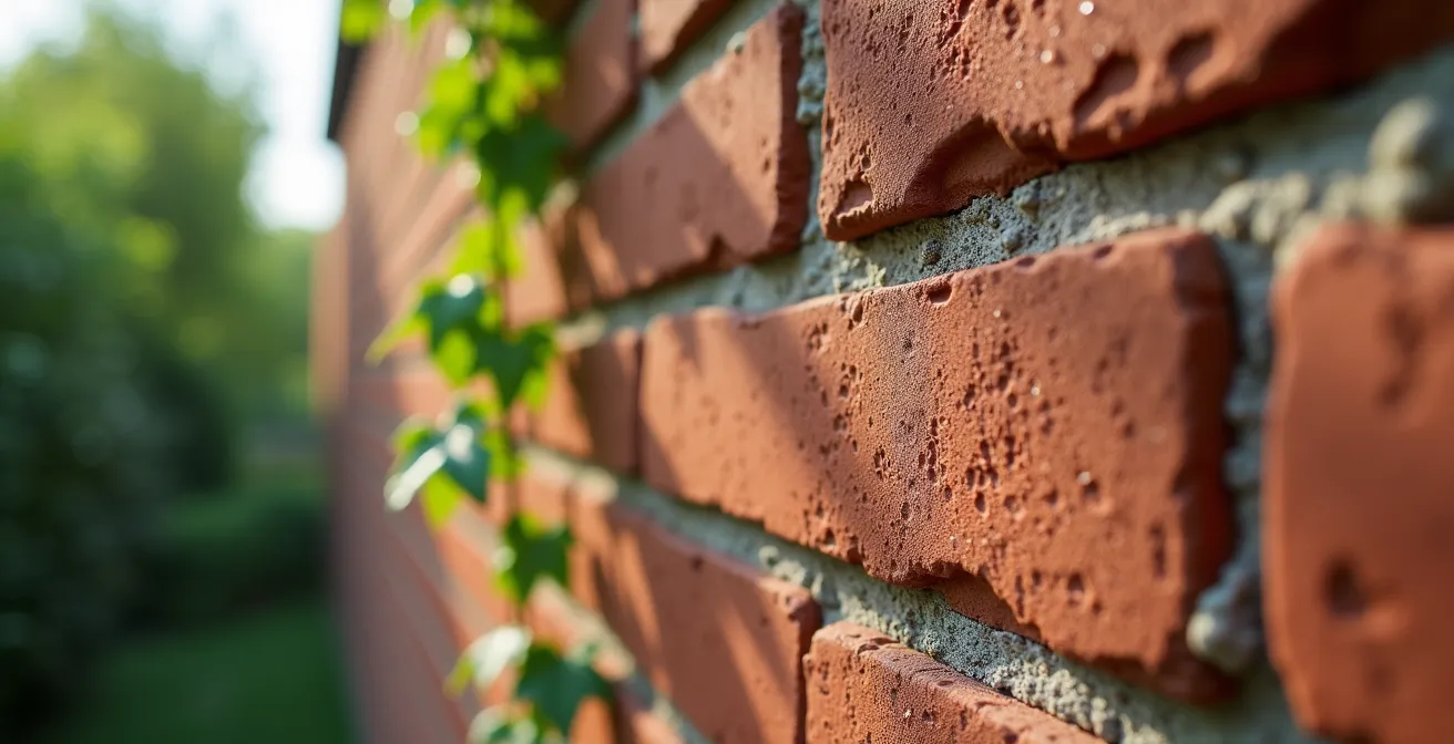 Détail macro d'une façade en brique toulousaine avec végétation