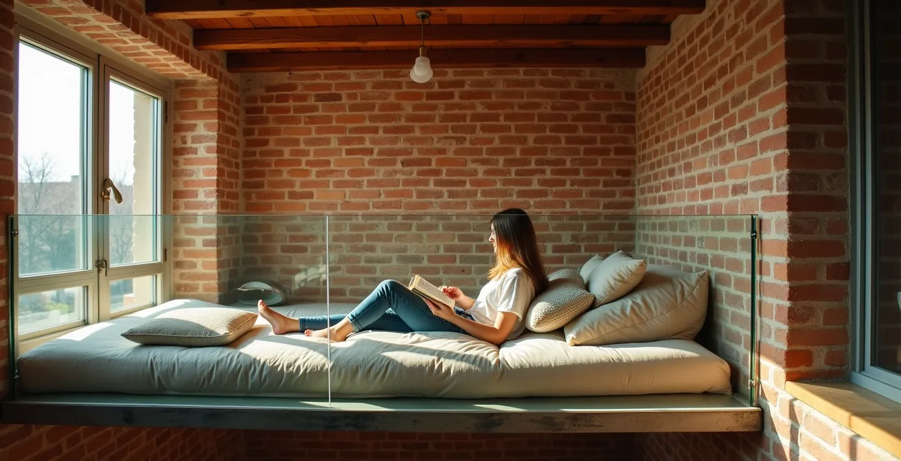 Mezzanine suspendue en verre et métal dans un appartement avec poutres apparentes