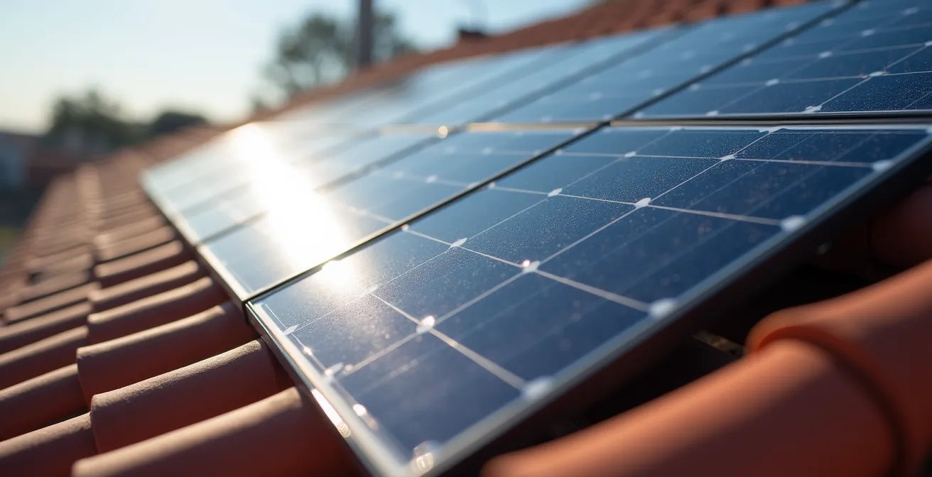 Installation de panneaux solaires sur toit toulousain traditionnel en tuiles, vue rapprochée montrant les détails techniques