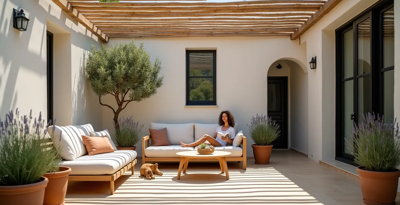 Patio intérieur végétalisé d'une villa contemporaine avec jeux de lumière naturelle