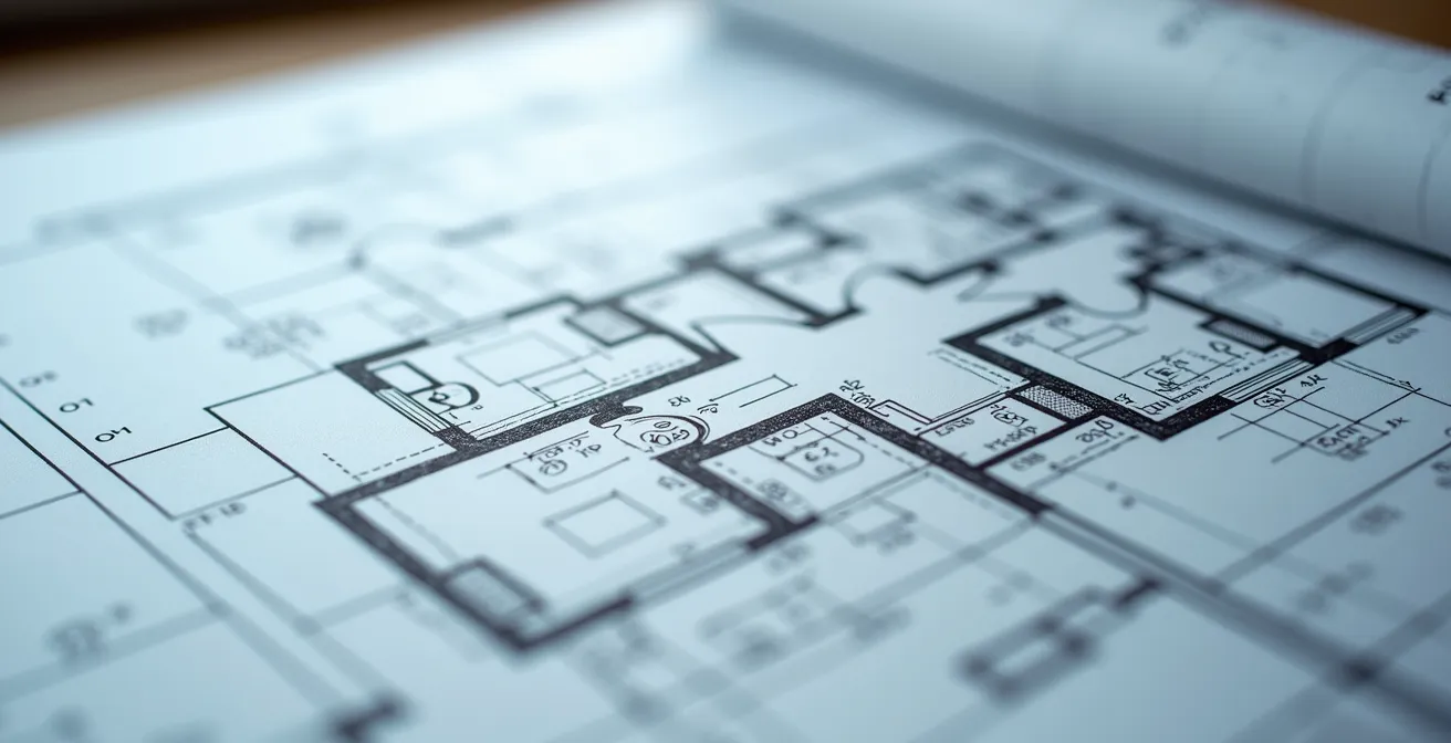 Vue aérienne d'un plan d'architecte montrant la réunion de deux appartements adjacents