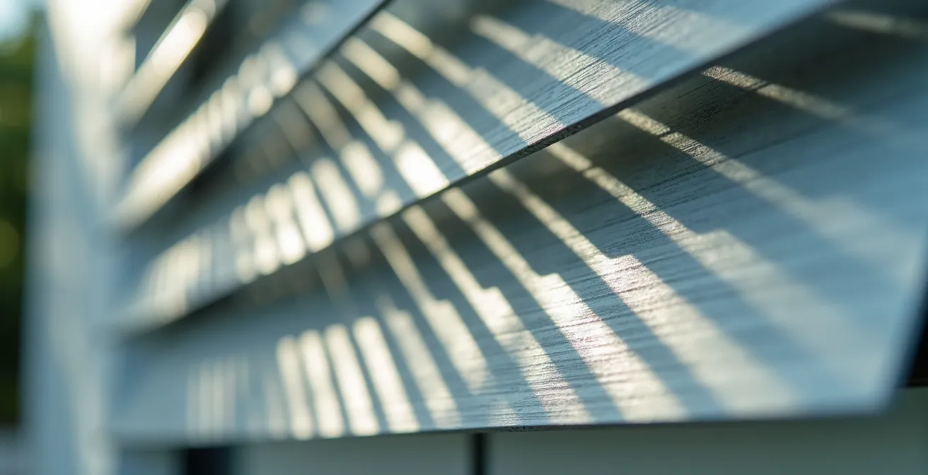 Détail architectural de brise-soleils orientables sur façade sud avec jeu d'ombres géométriques