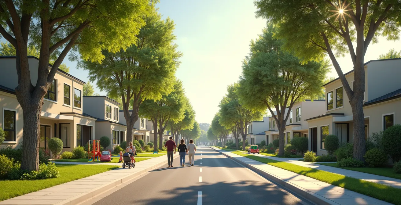 Quartier pavillonnaire verdoyant avec familles et espaces de jeux à Balma