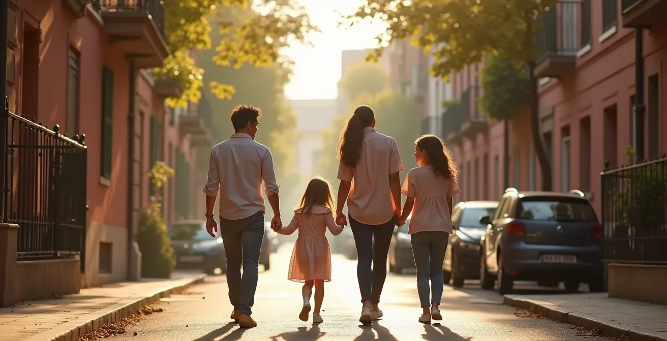 Famille dans un quartier résidentiel toulousain avec architecture en briques roses