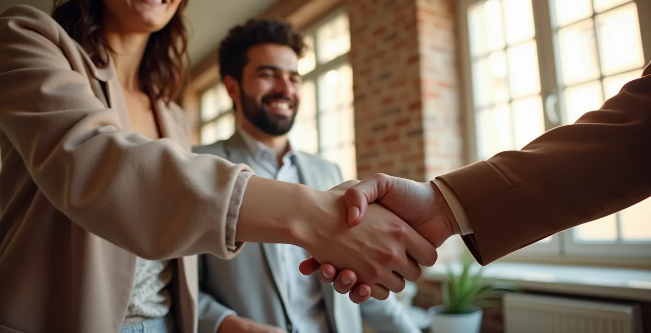 Poignée de main professionnelle entre gestionnaire et locataire dans un cadre résidentiel toulousain