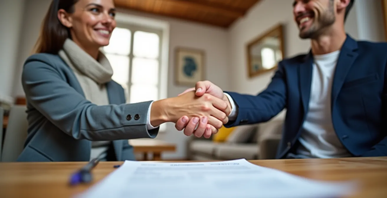 Poignée de main entre propriétaire et locataire dans un appartement lumineux toulousain