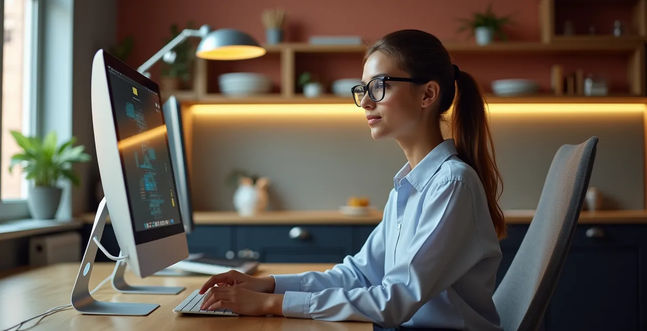 Intérieur moderne d'un T2 rénové avec espace bureau et cuisine équipée