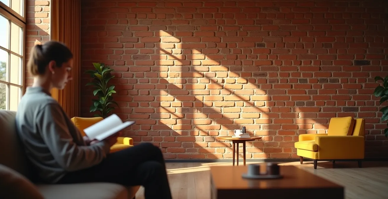 Intérieur d'appartement toulousain avec mur de briques foraines apparentes et mobilier contemporain