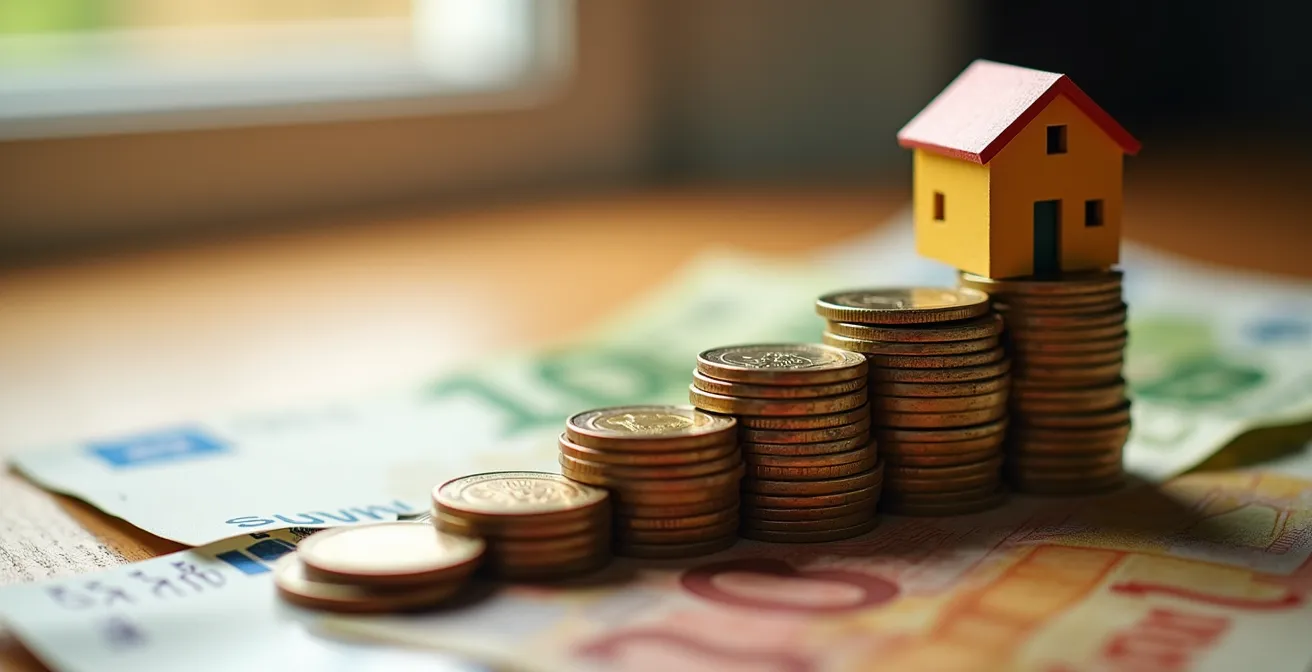 Représentation visuelle de la progression de l'épargne avec pièces et billets formant une courbe ascendante vers une maison toulousaine