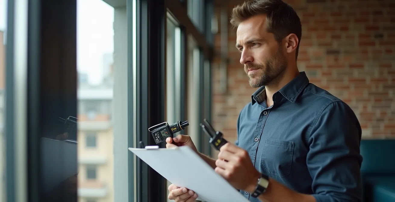 Technicien réalisant un test d'infiltrométrie dans un appartement neuf à Toulouse