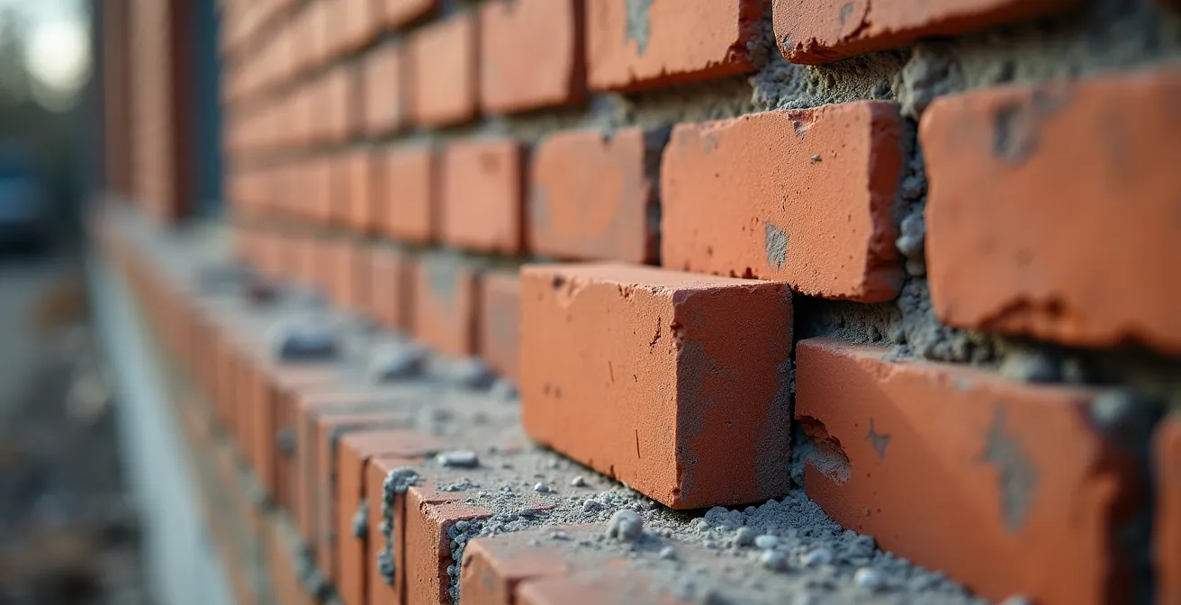 Vue macro sur des briques foraines toulousaines avec outils de rénovation flous en arrière-plan