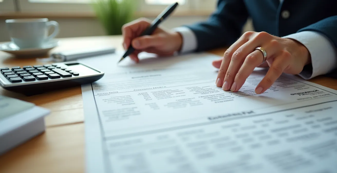 Mains examinant des documents officiels de garantie financière sur un bureau avec calculatrice