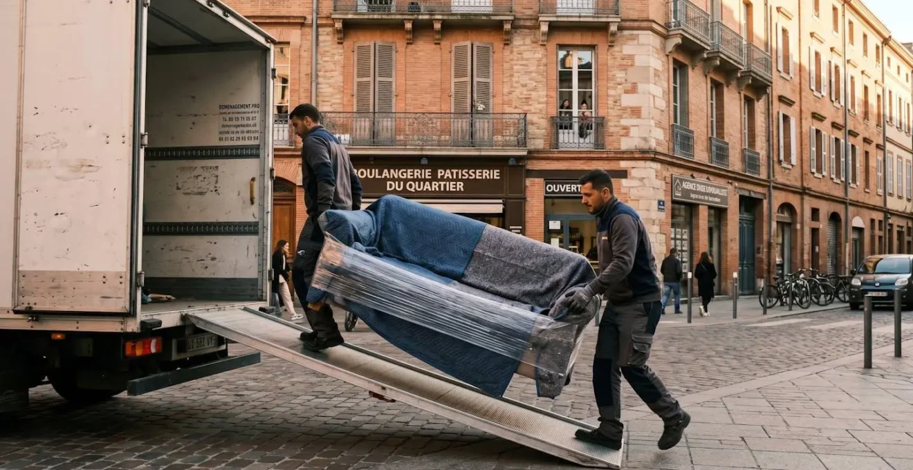 Deux déménageurs professionnels déchargeant un canapé protégé depuis un camion devant une façade toulousaine en brique rose typique, lumière dorée de fin de journée